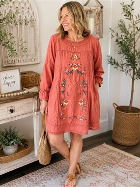 Umgee NWT Rust Orange Embroidered Boho Midi Dress Large